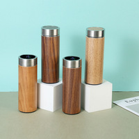 Botol Termos Bambu Custom 450ml, Mug Stainless Steel dengan Tutup Bambu LED, Botol Air dengan Infuser Teh dan Tutup LED Penunjuk Suhu
