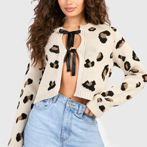 Suéter con lazo y estampado de leopardo de manga larga para <span class=keywords><strong>mujer</strong></span> europea americana, <span class=keywords><strong>chaqueta</strong></span> cárdigan, novedad para <span class=keywords><strong>Amazon</strong></span>, prendas de <span class=keywords><strong>punto</strong></span> de invierno - Product Image 1