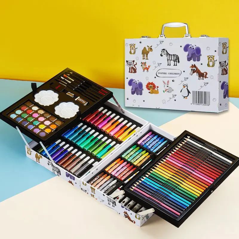 Ensemble de fournitures d'art 145 peinture pour enfants stylo aquarelle crayon de couleur double boîte en bois ensemble d'art en gros