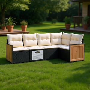 Ensemble de canapés de jardin blanc crème 6 places en rotin, mobilier d'extérieur résistant aux intempéries, design contemporain, panneau en teck - Product Image 2