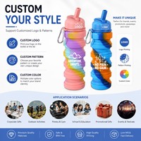 Bouteille d'eau pliable en silicone avec logo personnalisé, portable, anti-fuite, télescopique, pour le sport, gobelet de voyage pliable avec mousqueton