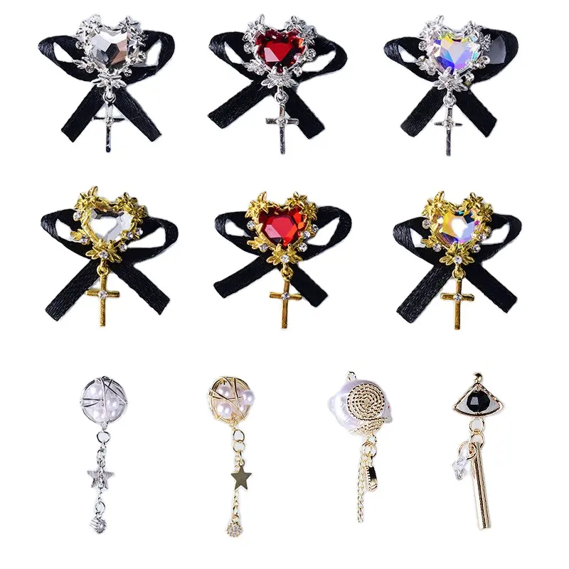 Luxus schwarze Spitze Bowknot Strass Nail Art Charm Dekoration Nagel Anhänger Rokoko Bogen Herz Nail Art Dekoration Schmuck