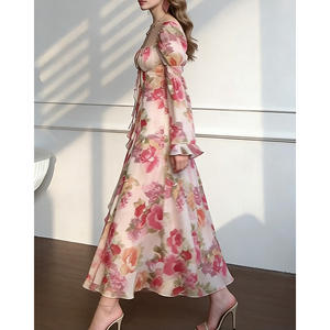 Robes imprimées florales rétro personnalisées, élégantes, à manches longues bouffantes, à buste plissé, style français romantique, <span class=keywords><strong>robe</strong></span> maxi en mousseline de soie pour femmes - Product Image 2