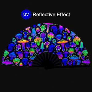 Ventilador de mano plegable de bambú grande de 13 pulgadas con efecto UV para fiestas rave, festivales, discotecas, música electrónica y baile. - Product Image 3