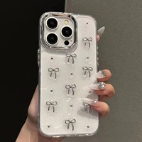 Coque de téléphone transparente avec nœud argenté mignon pour iPhone 16 15 14 13 12 11 Pro Max 8 Plus, étui en silicone souple avec étoiles scintillantes