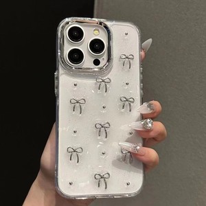 Ốp điện thoại iPhone 16 15 14 13 12 11 Pro Max 8 Plus hình nơ bạc xinh xắn, trong suốt, đính sao lấp lánh, chất liệu silicon mềm - Product Image 6