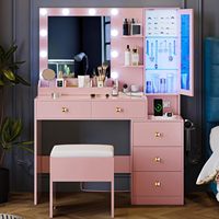 Bureau de maquillage rose avec miroir et lumières, ensemble de table de maquillage avec 5 tiroirs, chaise, lumière RVB et luminosité réglable pour la chambre des filles