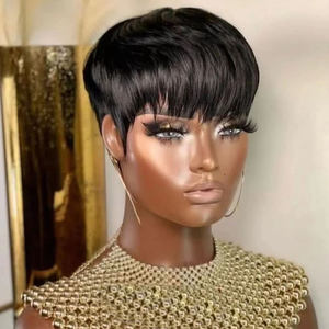 Perruque Pixie faite à la Machine, bon marché, vague de doigt, coupe courte, frange avec frange pour femmes noires, perruque de cheveux humains, mieux vaut ne pas - Product Image 2