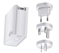 Chargeur rapide GaN 65W à double port (1USB-A + 1 PD) Chargeur mural rapide avec PD et QC3.0 pour téléphone portable, ordinateur portable, tablette