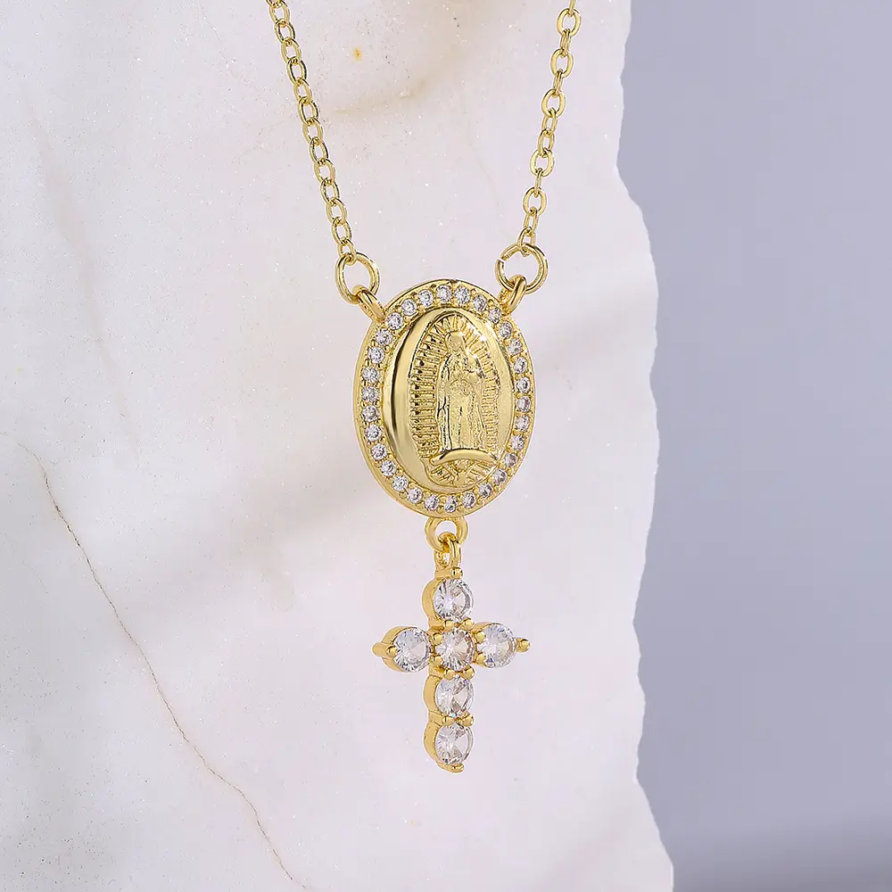 Wholesale 18k Gold Plated necklace Zircon Small Cross Virgin Mary Pendant Chain Necklace For Women Jewelry