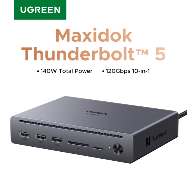 UGREEN Maxidok Thunderbolt 5 Docking Station 10 in 1 USB-C HUB 2xTBT5 140W 120Gbps 8K60Hz DP SD&TF Gigabit RJ45 for Laptop PC