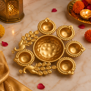 Premium Brass Urli Bowl with 6 Attached Diyas Handmade Christmas Home Decor Tea Light <b>Holder</b> Lid Floral <b>Floating</b> Bowl Pooja - Product Image 1