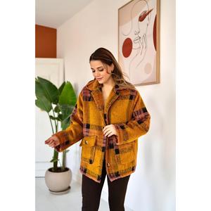 Manteau à carreaux pour femme taille XL avec décoration en cristal, col à capuche à bouton unique, imprimé moutarde et fuchsia pour les saisons printemps, automne et hiver - Product Image 2