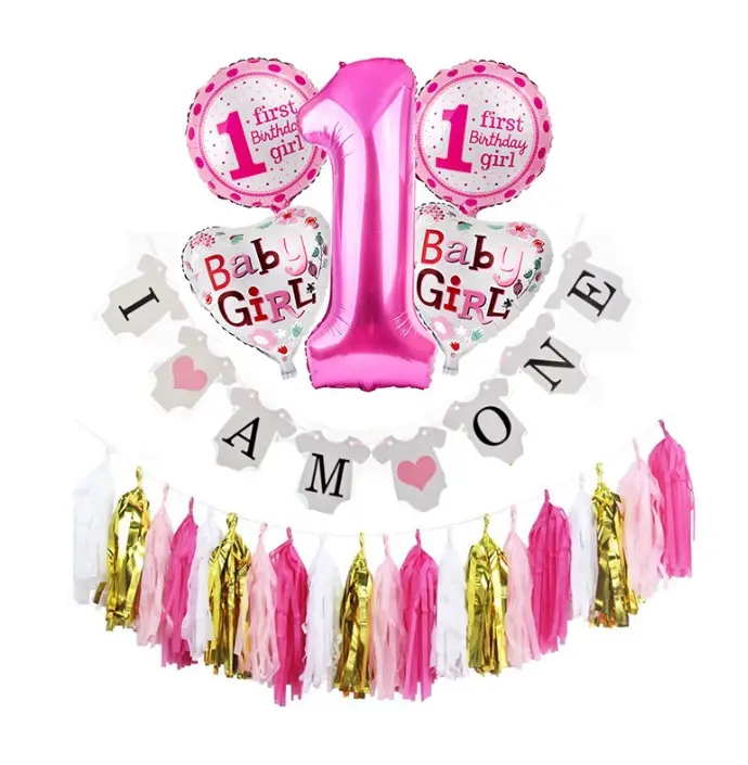 Pink/biru saya satu spanduk digit 1 Balon Foil pinggiran rumbai karangan bunga untuk Baby Shower anak perempuan anak laki-laki pesta ulang tahun pertama Dekorasi Rumah
