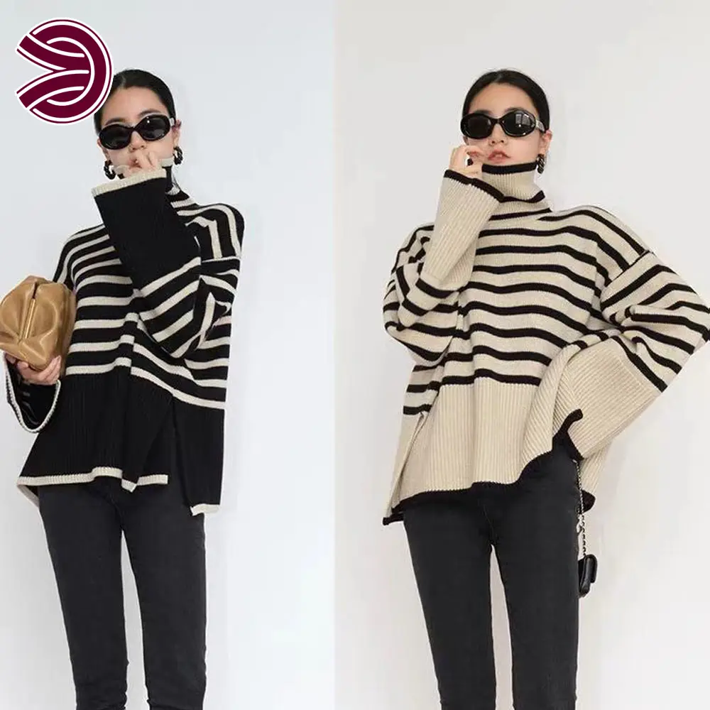 OEM Service Stripes Oversize Sweater Women Top Vintage Long Casual Women'S Knit Pullover Turtleneck Sweaters