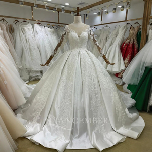 ชุดแต่งงานแขนยาวทรงเอ ลูกไม้ปักลาย คอวี ผ้าซาติน ชุดเจ้าสาว Lsbh29 - Product Image 2