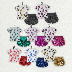 Wholesale Kids Girls Clothing Set Short Sleeve Cheer Print Tops + Leather Shorts Outfits Team <b>Clothes</b> Summer Children's Set - Product Image 1