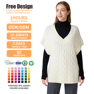 Gilet long en tricot torsadé sans manches à col en V en laine grande taille de qualité supérieure personnalisé - Product Image 2