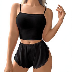 Women 2-Piece Lounge Set Knitted Sleeveless Crop Top High Rise Shorts Solid Black Spring Summer Casual Breathable Sexy Front - Product Image 3