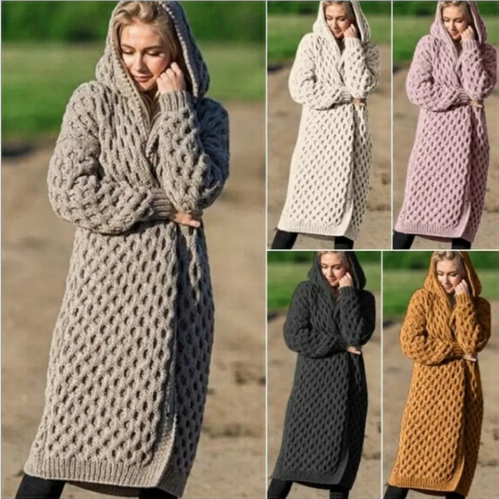 Custom autumn and winter warm new solid color fashion women's long knitted sweater hooded cardigan jacket ladies coats