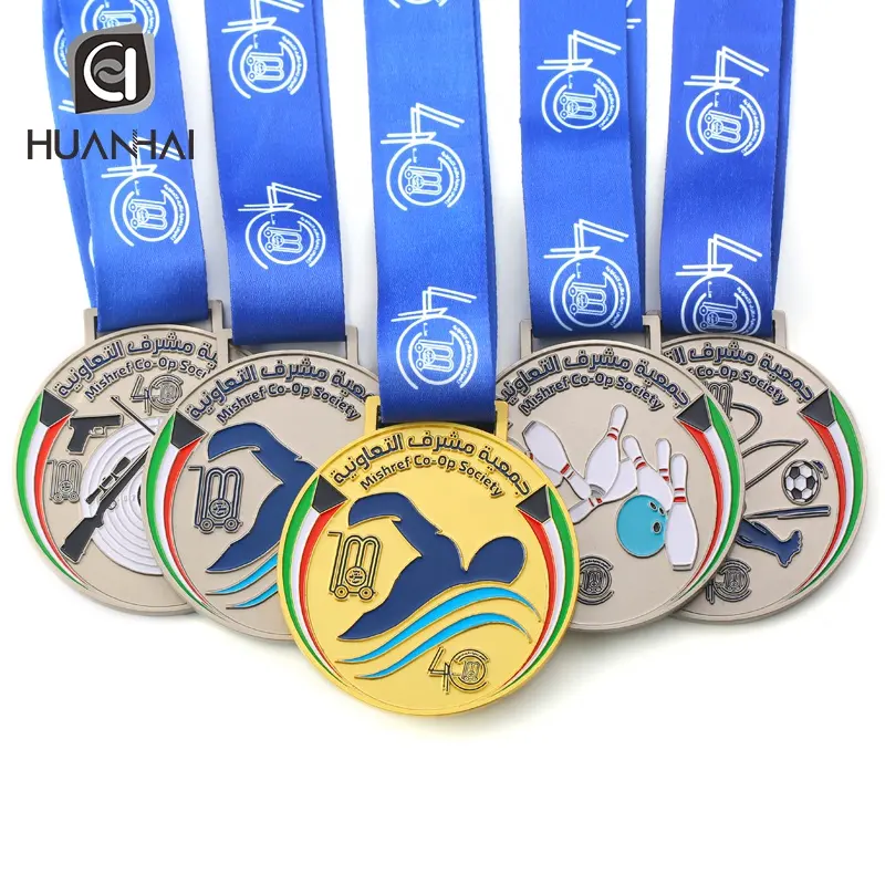 Custom Vae Sport Voetbal Zwemmen Schieten Bowling Event Award Emaille Logo Metalen Medailles