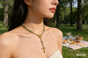Collier chapelet en pierre naturelle avec pendentif croix médaille Vierge Marie plaqué or, bijoux de prière catholique pour femme - Product Image 6