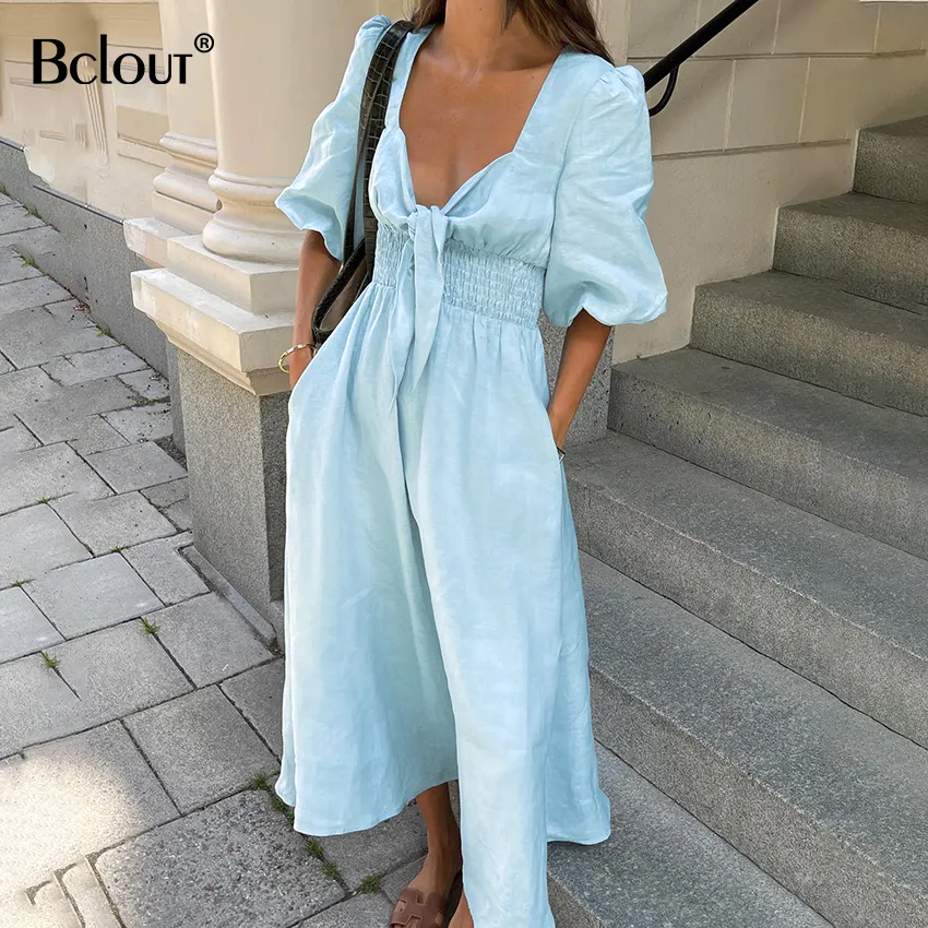 Bclout Ladies Boho Casual Dress Summer 2023 Chic Puff Sleeve Women Twist Vacation Cotton Linen Dress Light Blue Tunic Dress