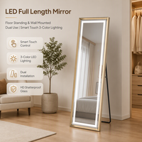 Miroir de maquillage LED pleine longueur 50x160cm avec cadre doré, 3 couleurs réglables, sur pied ou mural, éclairé