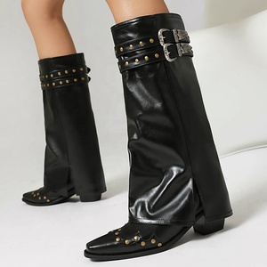 Big Size 48 Women Belt Buckles Winter Knee High Boots Cowboy Overlay Long <b>Booties</b> Western Style Chunky Heels Pointed Toe Pants - Product Image 1
