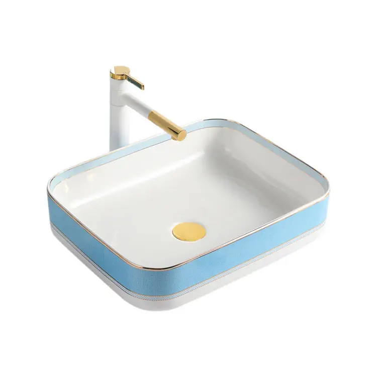 Lavabo de salle de bain à bord mince de bonne qualité style luxe clair blanc et bleu clair