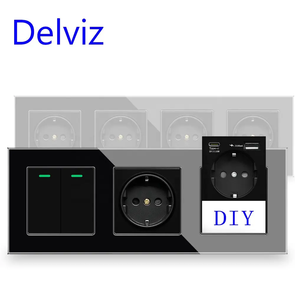 Delviz Panel kaca kristal, USB C pengisian cepat Outlet steker listrik soket ganda saklar lampu dinding, EU 16A Power dinding USB soket