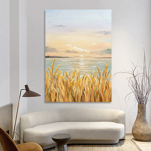 Peinture à l'huile peinte à la main, champ de blé doré, paysage marin, décoration minimaliste moderne pour salon, art mural de grande taille sans cadre - Product Image 2