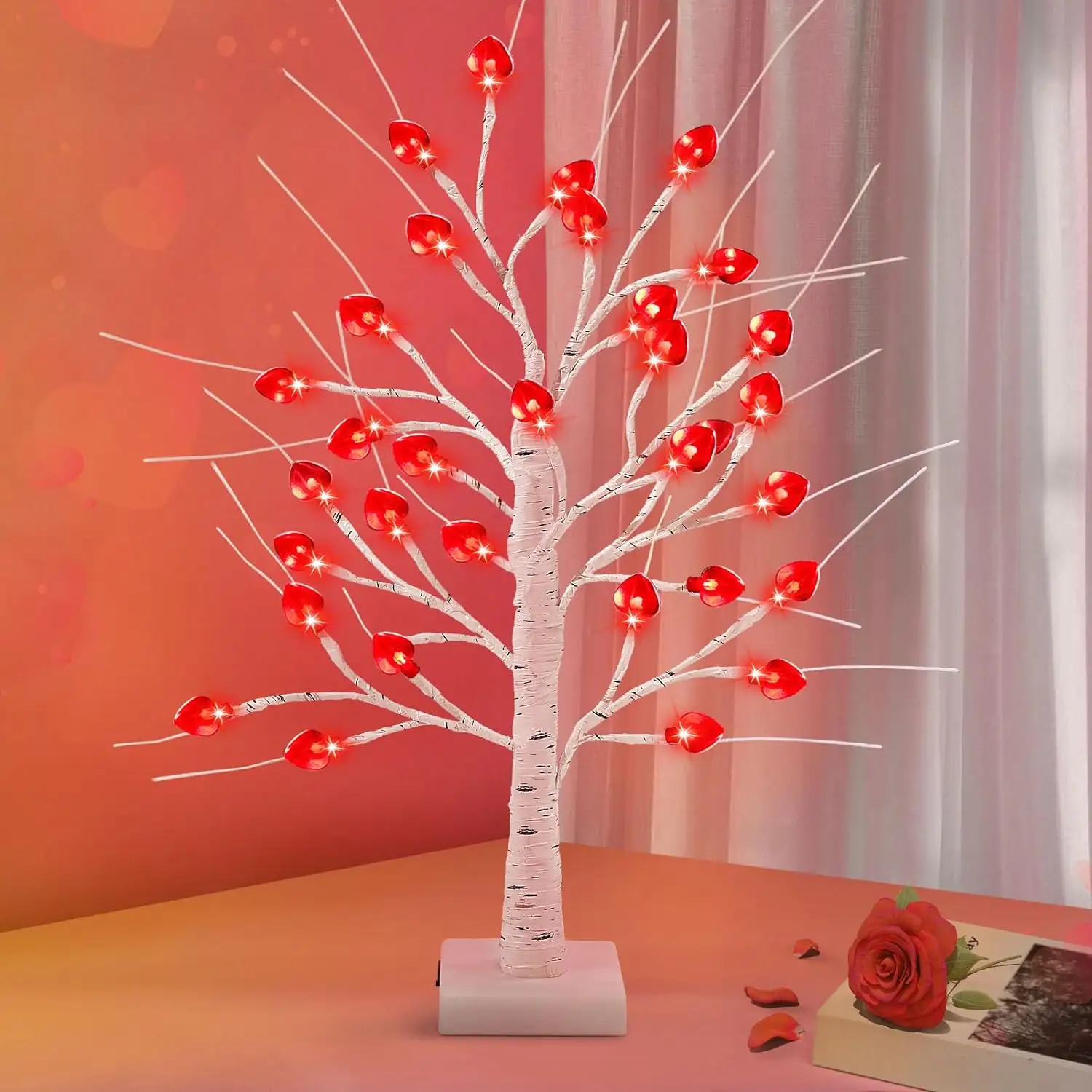 Decoração de Dia dos Namorados Árvore de bétula iluminada - 32 decorações de coração LED com temporizador, enfeites de ramos artificiais de 24 polegadas