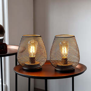 Set of 2 LED Table <b>Lamps</b> Battery-Operated <b>with</b> Metal Cage ABS Body Modern Design Cordless LED Bulb for Indoor <b>Shelf</b> Decor - Product Image 5