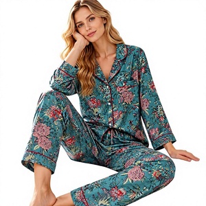 Ensemble de pyjama en satin floral pour femme, haut à manches longues et revers avec pantalon, bordure contrastante, vêtements de détente, haut de pyjama à col revers contrastant - Product Image 1