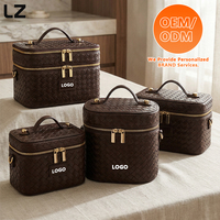 Sac de maquillage professionnel LZ personnalisé, résistant aux taches, pour femmes, organiseur, fermeture éclair, cuir végétalien tissé, trousse de toilette, marron, voyage