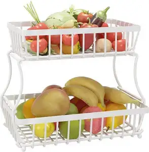 Rak penyimpanan buah, 2 tingkat logam dapat dilepas dapur keranjang roti sayuran berdiri