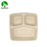 Barquette alimentaire biodégradable Harvest en bagasse à 3 compartiments avec couvercle R-PET/PET/PP, compatible micro-ondes, capacité 1000 ml, carrée, CS1000-3