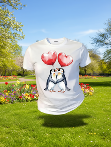 T-shirt da donna con stampa digitale di pinguini che si baciano, manica corta, girocollo, nera, casual, design per San Valentino, 100% cotone - Product Image 2