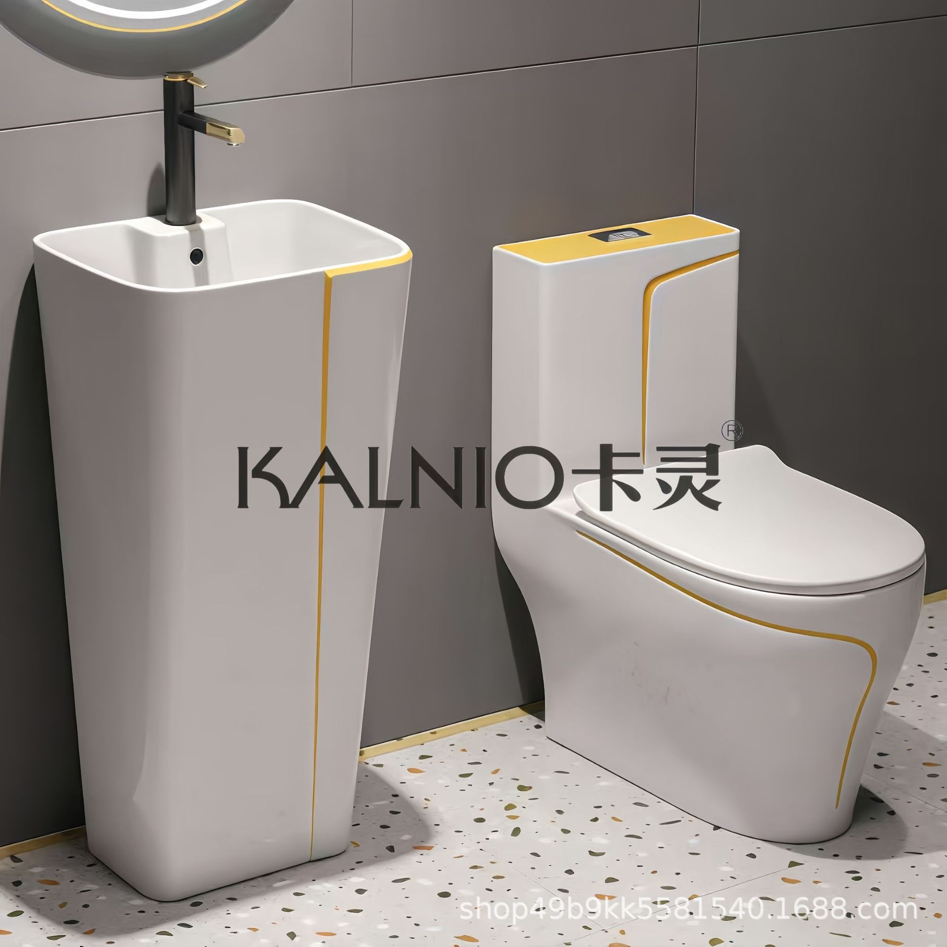 WC in filo oro bianco + lavabo a colonna distanza WC-pozzo 300