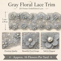 Ruban de dentelle florale grise de 7 cm/2,76 po de large avec fleurs 3D et perles pour couture, robe de mariée, artisanat DIY, décoration, 100 % polyester