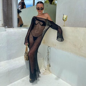 Blusa de Verano Transparente y Sexy para Vacaciones, <span class=keywords><strong>Espalda</strong></span> <span class=keywords><strong>Descubierta</strong></span>, Color Sólido, <span class=keywords><strong>Manga</strong></span> <span class=keywords><strong>Larga</strong></span>, <span class=keywords><strong>Vestido</strong></span> de Punto, Ropa de Mujer - Product Image 3