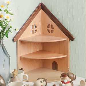 Small House Shaped Corner <b>Shelf</b> 3 Tier Solid Wood Storage <b>Rack</b> For Figurines And Dolls Display Stand - Product Image 4