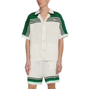 Logo personnalisé haut tricoté tricots bouton up Cardigan été mode décontracté coton à manches courtes évider hommes crochet polo