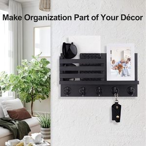Wall-mounted Key Holder Wooden Mail Rack Black Charred Entryway <b>Shelf</b> With <b>Hooks</b> For Keys And Storage - Product Image 3