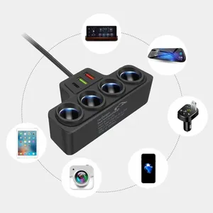 4 <b>Socket</b> Car Cigarette Lighter Splitter with 75cm Cable PD USB Type C QC3.0 66W Ports Fast Charger Voltage Display Truck Adapter - Product Image 4