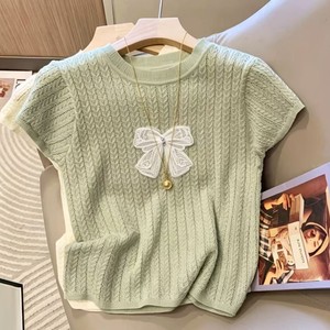Top de Punto para Mujer, Cuello Redondo, Manga Corta, Detalle de Lazo, Corte Ajustado, Tejido Jacquard, Verano 2026 - Product Image 5