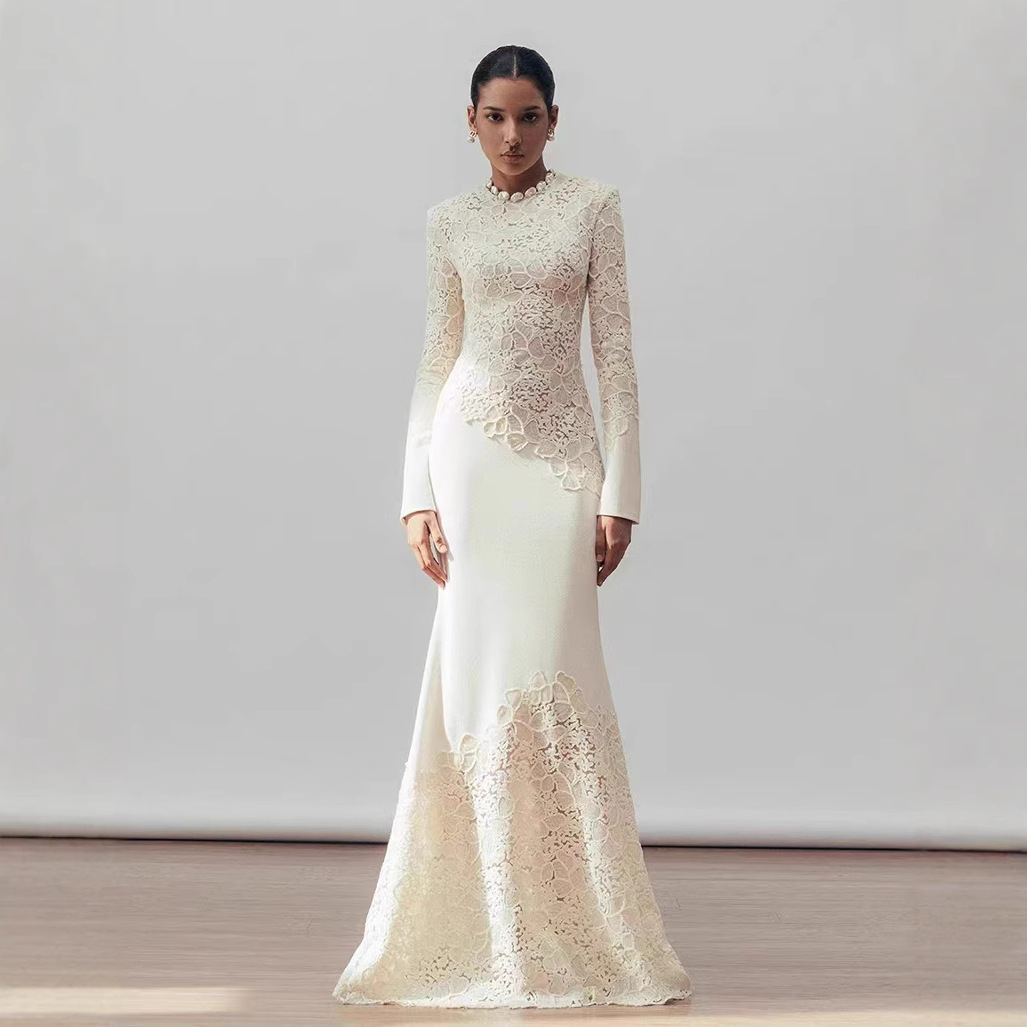 knee length dresses for ladies V-neck Lace Tight White Short Party Dress with Long Sleeves Homecoming –  cathyprom main image 1