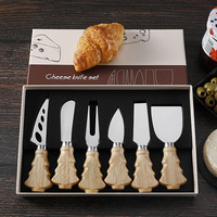 Ensemble de 6 couteaux à fromage en acier inoxydable avec manches en bois, design sapin de Noël, pour les fêtes de Noël et l'utilisation en restaurant