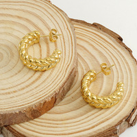 Boucles d'oreilles créoles épaisses tressées en acier inoxydable 304 plaqué or 18 carats sous vide, 21 mm, motif tressage blé, créoles ouvertes en C, bijoux vintage pour femme